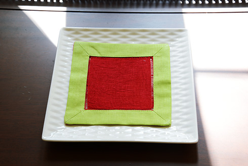 Multicolor Hemstitch Cocktail Napkin 6". Red & Hot Green - Click Image to Close